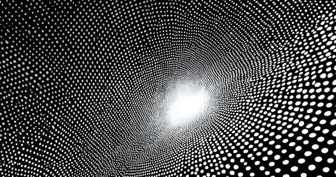 Black and white dotted halftone background.