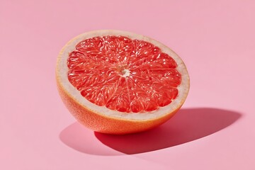 Close up of a halved grapefruit with a pink background and a shadow on the bottom right corner