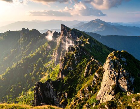 Sunny mountain range with dramatic, rocky peaks and rolling green slopes