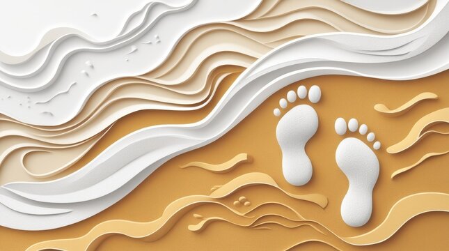 Abstract textured background with stylized white footprints on flowing sandy and cream waves, graphic design element. - Powered by Adobe