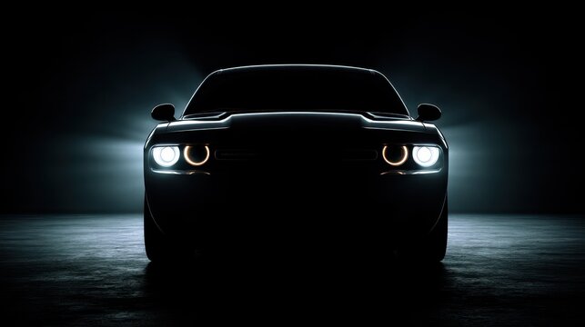 Dramatic silhouette of a car with headlights illuminated against a dark background at night showing sleek design and mysterious allure