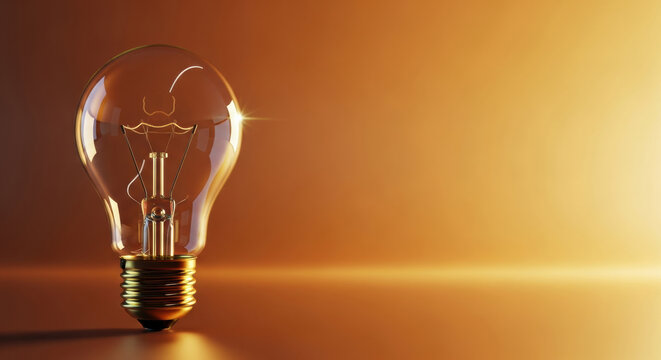 Clear glass light bulb with metallic base standing on smooth reflective surface, glowing warmly against golden orange gradient background, symbolizing creativity and innovation