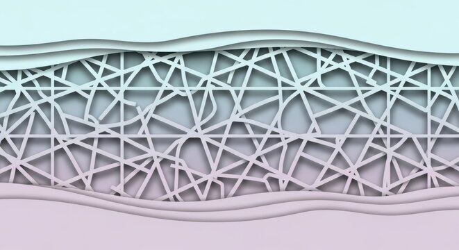 Abstract geometric network pattern with layered paper cut effect in a pastel gradient background design concept
