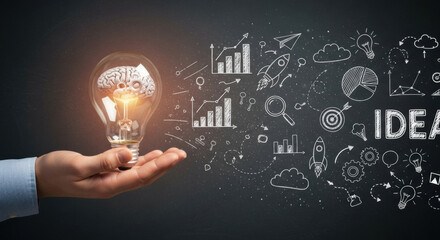 Hand holding light bulb with brain inside surrounded by creative business doodles graphs rocket and word idea symbolizing innovation inspiration and growth in business strategy