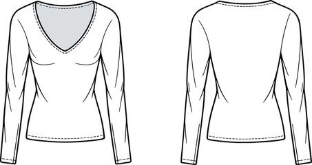 Women's Deep V-Neck Long Sleeve T-Shirt Technical Fashion Flat Sketch Template CAD Drawing Vector Illustration Garment Design Mockup Apparel