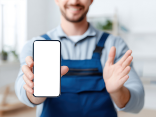 Smiling worker in blue uniform showing blank smartphone screen