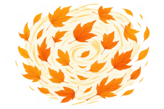 Vibrant orange maple leaves caught in a swirling wind, symbolizing fall season change and energy. Transparent background element