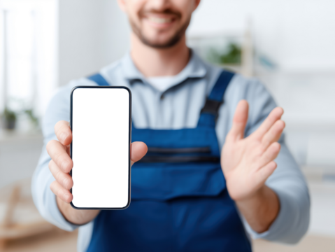 Smiling worker in blue uniform showing blank smartphone screen