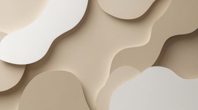 Organic layered abstract background featuring soft wavy shapes in neutral beige and cream tones with subtle shadows