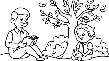 Father reading a book to his happy son sitting under a large tree in a joyful outdoor setting coloring book