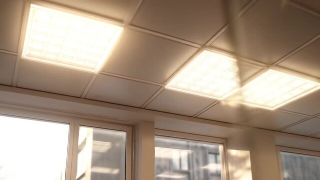 Illuminated office ceiling with grid lighting and large windows