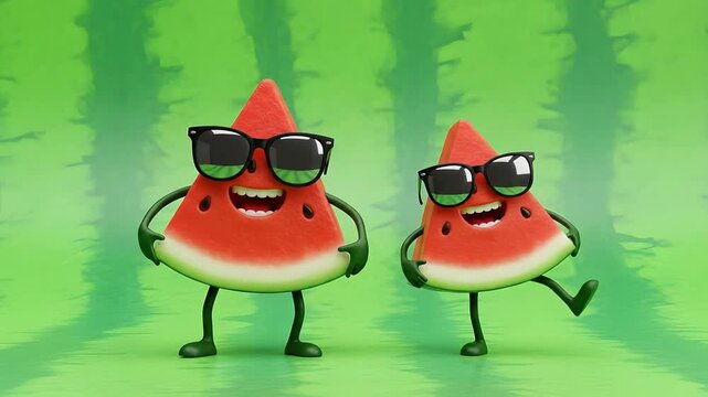 Animated watermelon characters dancing against green background