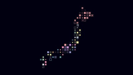 Japan map animation. Shape of the country with pulsating colored dots. Large size square blocks. Digital style Japan map on dark background. Classy video.