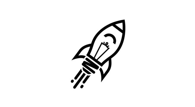 Black line art icon showing a lightbulb rocket taking off on white background