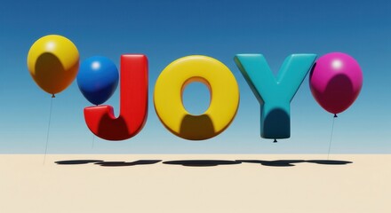 Colorful 3D Joy Letters Surrounded by Balloons in Bright Sky