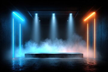 Platform bathed in light, flanked by neon rods and dissipating smoke