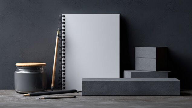 Minimalist office setup w/ notebook, pencils, box, and jar