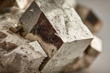 Close-up view of metallic, cubic pyrite crystals embedded in a light-colored rock matrix, showcasing their geometric structure and luster.