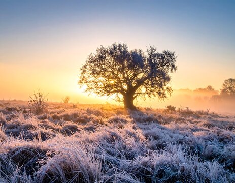 Sunrise illuminates frosty fields and silhouetted tree
