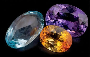 Fototapeta premium A vibrant trio of polished and faceted gemstones in blue, purple, and orange-yellow hues isolated on a black background.
