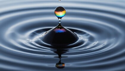 Obraz premium Stunning rainbow refraction captured in a single water drop creating beautiful ripples on dark liquid surface