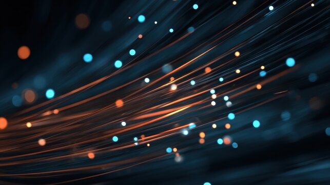 Glowing fiber optic cables create a vibrant abstract background with light trails in a dynamic blend of orange and blue hues at various angles and intensities - Powered by Adobe