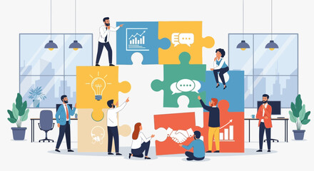 Teamwork illustration shows diverse professionals collaborating on a giant puzzle project