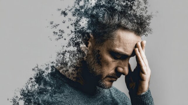 Man experiencing stress and frustration while confronting trauma and mental health challenges, reflecting deep emotional struggle in a minimalist setting - Powered by Adobe