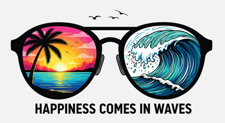Illustration of sunglasses reflecting a tropical sunset with palm trees and ocean waves, happiness comes in waves