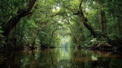 Exploring the serene waters of the Amazon rainforest in the morning light surrounded by vibrant greenery and the sounds of nature
