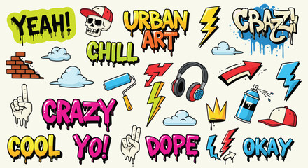 Illustration of collection of vibrant urban art elements, featuring graffitistyle lettering, lightning bolts, and playful cartoon imagery