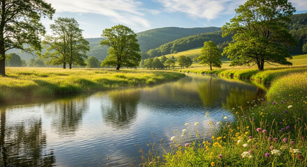 A serene river flows through a lush green meadow, reflecting the surrounding trees and hills under a blue sky, a peaceful countryside scene