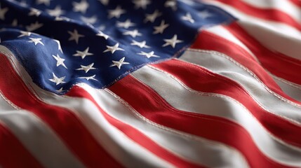 Close up view of an American flag gently waving in the breeze against a soft backdrop, capturing the essence of patriotism and national pride