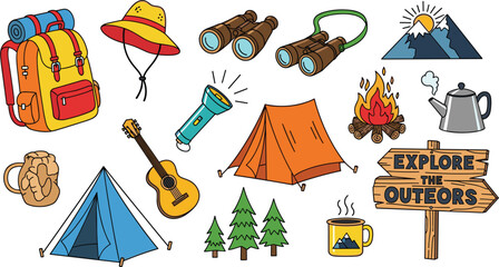 Illustration of a colorful camping illustration with a backpack, hat, binoculars, flashlight, guitar, tent, trees, campfire, kettle, mug, and explore the outdoors sign