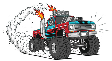 Illustration of cartoon monster truck with big tires and smoke stacks, a fun and exciting illustration of a powerful vehicle
