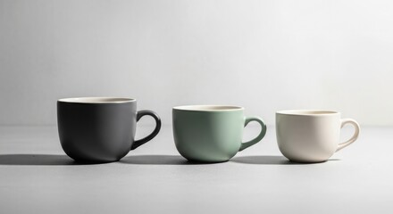 Fototapeta premium Three ceramic cups, in black, green, and white, sit in a row against a neutral background.