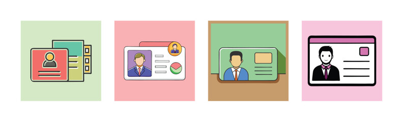 Identity card and profile document illustrations with male avatars, symbolizing personal identification, user profiles, and documentation