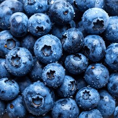Close-up photo of fresh, dewy, ripe blueberries filling the frame
