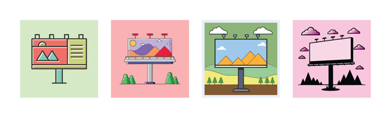 Outdoor advertising billboards displaying various landscapes and promotional content, representing marketing and announcement concepts