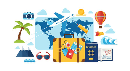 Colorful travel themed illustration with suitcase passport and world map background