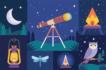 Forest night sky telescope and campfire vector art, stargazing camping adventure scene for astronomy and outdoor exploration themes