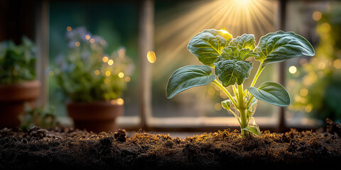 Small basil plant in clay pot is illuminated by warm sunlight, creating serene and hopeful atmosphere. moist soil and blurred background add depth to vibrant green leaves