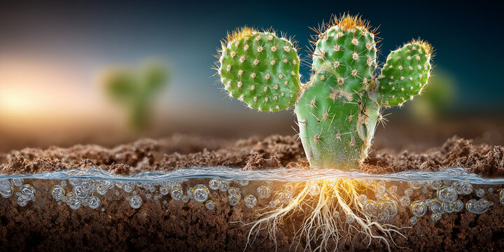 Small cactus with roots is growing in soil, illuminated by natural morning light. image captures vibrant green color and spiky texture of cactus, with blurred background