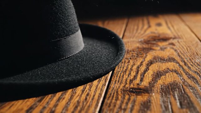 Black fedora hat on wooden table.