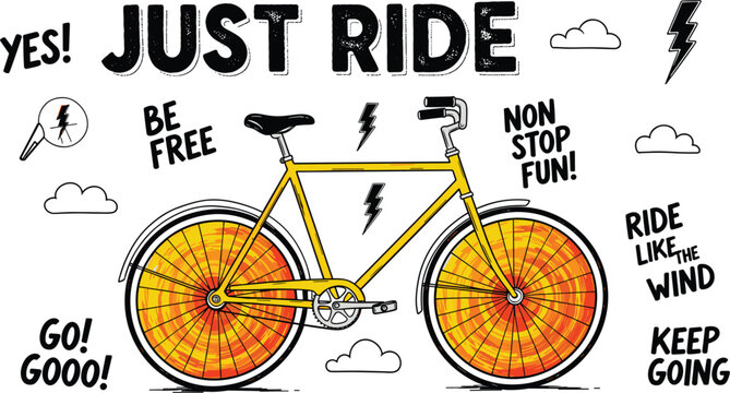 Illustration of a yellow bicycle with orange wheels and motivational text, perfect for a cycling enthusiasts design or poster