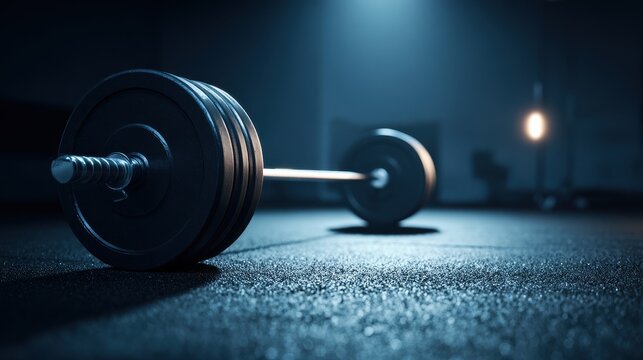 Barbell with weights rests on gym floor under dim blue lighting, inviting fitness enthusiasts to engage in strength training