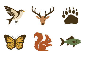 Flat vector icons for forest animals, featuring bird, deer, fish, representing fauna and outdoor nature observation,