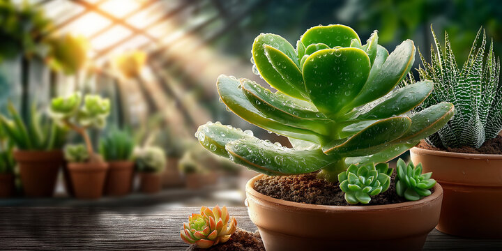 Succulent plants in soil filled pots bask in sunlight, casting intricate shadows in greenhouse setting. vibrant green leaves glisten with water droplets, creating refreshing atmosphere - Powered by Adobe