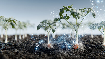 Young tomato plants sprouting in fertile soil under warm sun, with digital network overlay symbolizing growth and technology integration