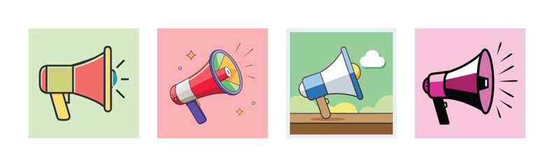 Set of four unique illustrations featuring megaphones in various styles and colors representing announcement and communication